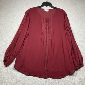 Avenue Top Women's Plus 18/20 Burgundy‎ Long Sleeve Sheer Flowy Relaxed